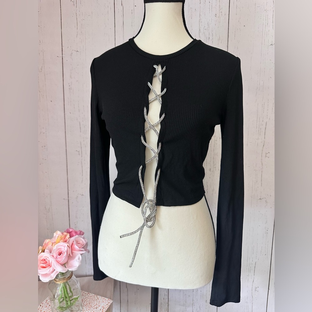 Fashion Nova Black Crop Top Long Sleeve Crystal Tie Size M - Picture 1 of 10